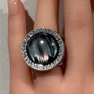 Silver Tone Scarf Slide Ring Dark Grey Cabochon Halo Brooch Pin